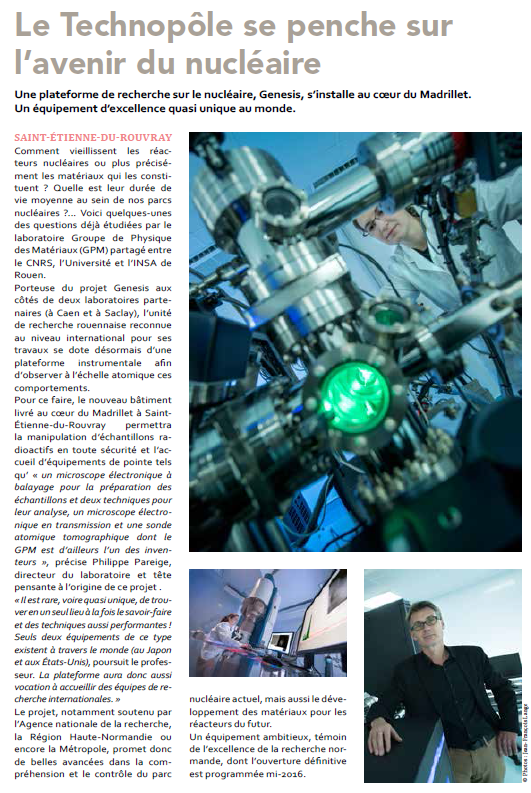 Article "le Technopôle se penche sur l'avenir du nucléaire" publié dans mag10web. Cet article parle de la plateforme instrumentale Genesis du laboratoire GPM à Saint Etienne du Rouvray. 