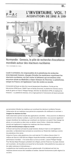 Article "Normandie: Genesis le pôle de recherche d'excellence mondiale autour des réacteurs nucléaires" publié dans Tendance Ouest en 2015. Cet article faire référence à la visite de presse du 2 novembre 2015.